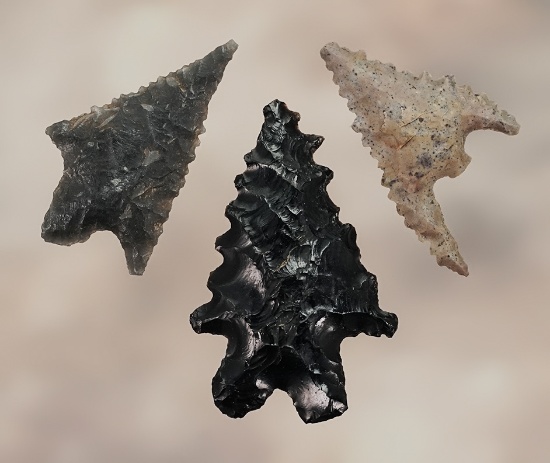 Set of 3 southern Oregon points - a 1 5/16" Pinto Basin, 1 1/8" Gunther & a 1 1/8" Calapooya.