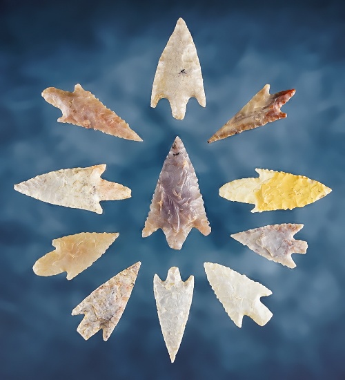 Set of 11 high quality Stemmed Points in excellent condition. Found in Africa. Largest is 1 5/8".