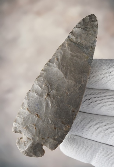 4 1/4" Dovetail made from well patinated Hornstone. Found in the Indiana area. Restored break.