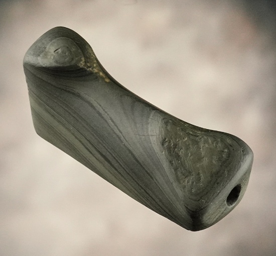 Unique 3 1/16" long anciently salvaged Banded Slate Birdstone - Campbell Co., Kentucky. COA.