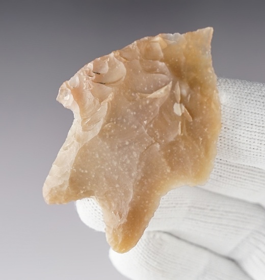 2 5/16" Pedernales made from semi-translucent tan Flint. Found in Kerr Co., Texas. Rogers COA.