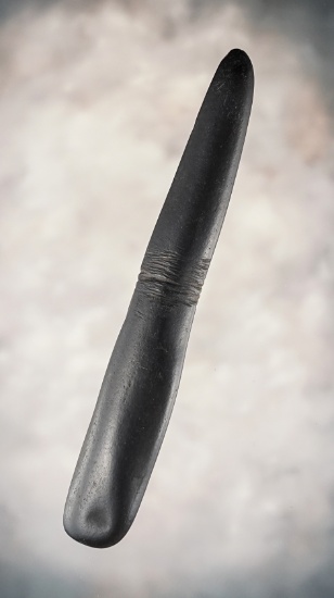 5 1/16" Hardstone Atlatl Weight with incised lines at the mid-section. Humboldt Co., California.
