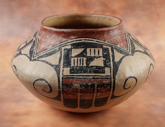 9 1/4" diameter by 6" tall Hopi Style Bowl recovered in Arizona. Exterior is hand painted.