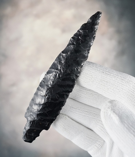 4 3/4" PreColumbian Stemmed Point made from banded Obsidian, likely Mexico. Stermer COA.