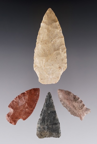 Set of four assorted flaked artifacts found in the midwestern U.S. Largest is 3 3/16".