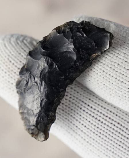 1 7/16" Paleo Crescent made from Obsidian. Found by George and Beth Miller, California.
