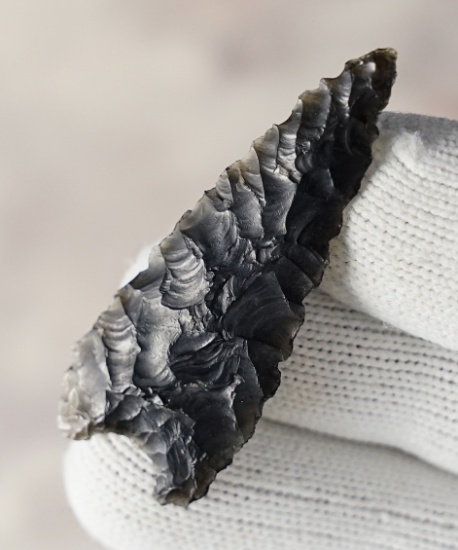 Very thin 1 7/8" Concave Base Points made from translucent green Obsidian. California area.