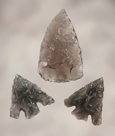 Set of three Obsidian points found in Harney Co., Oregon. Includes two Eastgates & a Leaf Point.