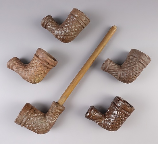 Group of 5 Pre-1896 "Shaker" Style Stoneware Pipes. Pipe with stem measures 6 1/8" overall.