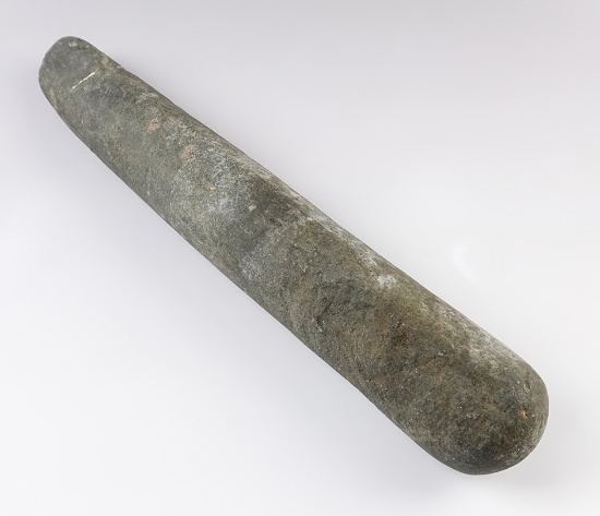 13" Roller Pestle found in southern Illinois. Made from dark gray Hardstone.