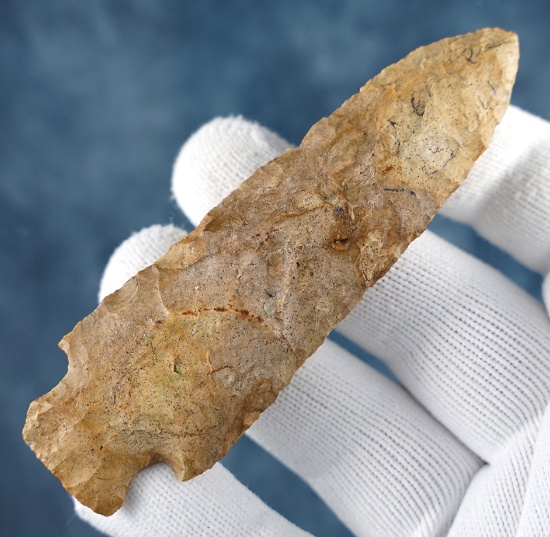 Deeply patinated 4" Cornernotched Knife found in the Missouri / Illinois area.