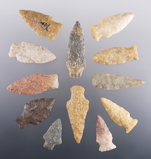 Set of 12 assorted Quartz points found in Pennsylvania. The largest is 1 9/16".