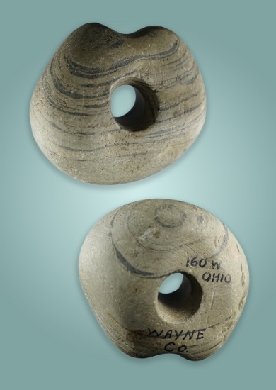 2 3/16" Fluted Ball Bannerstone in excellent condition. Banded Slate. Wayne Co., Ohio.