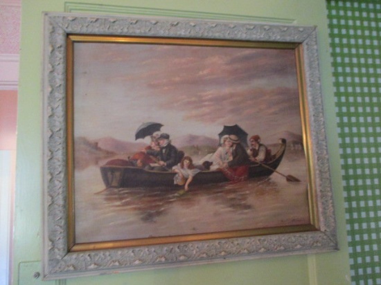 Vintage Framed Canvas on Board of Row Boat Scene, Signed