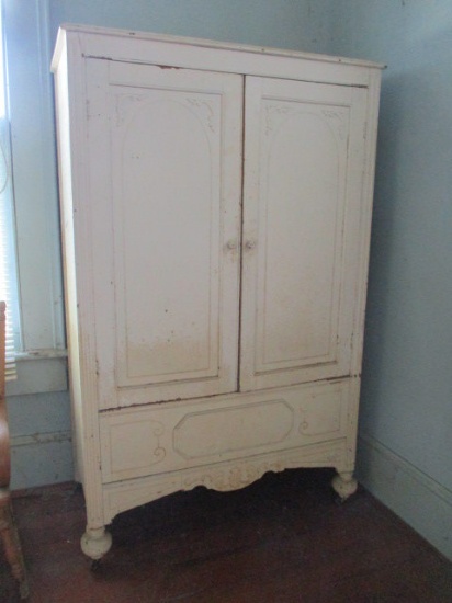 Antique Painted Wood Wardrobe on Casters