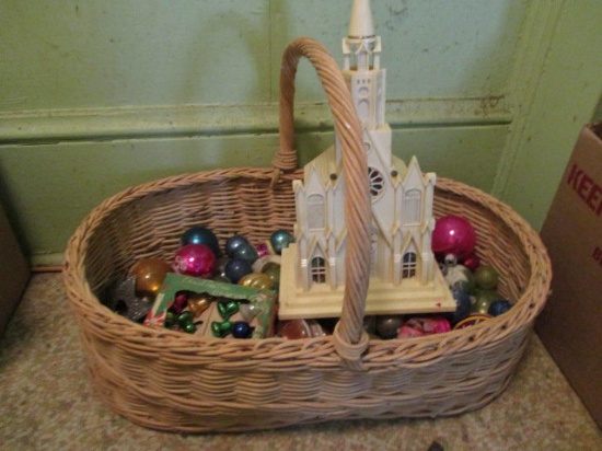 Basket of Vintage Glass Ornaments and Musical Church
