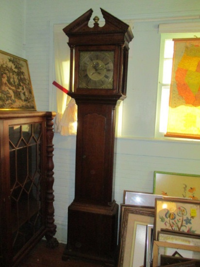 Antique Oak Grandfather Clock with Brass Dial Marked H Lough Penrith