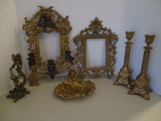Vintage Gold Painted Metal Candle Holders, Photo Frames and Tid-bit Dish