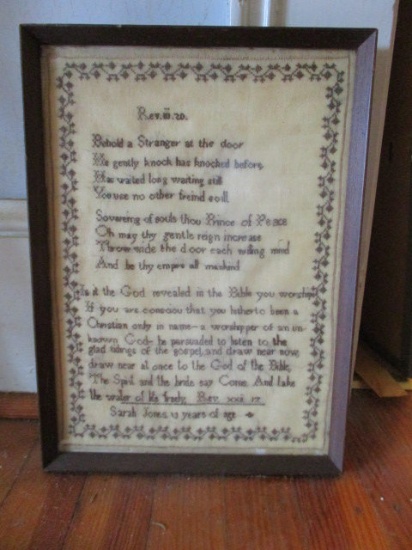 1869 Framed Scripture Needle Work on Home Spun Wool Fabric