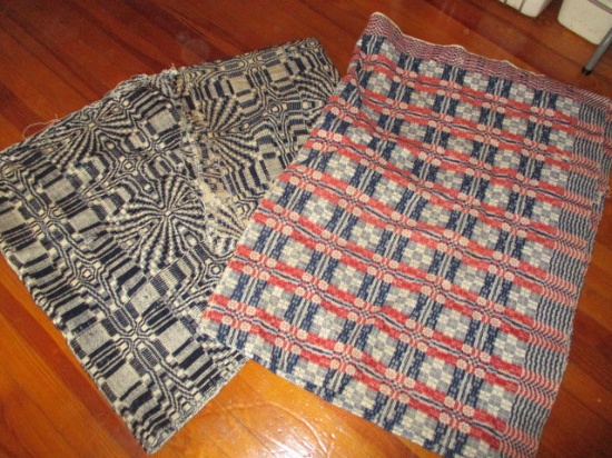 Three Jacquard Coverlets, Two Blue and Beige, One Red White and Blue