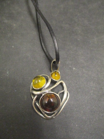 Sterling Silver Pendant w/ Amber Stones on cloth necklace