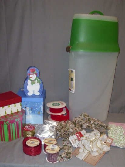 Lot of Bowes, Boxes, Ribbon & Wrapping Paper Container