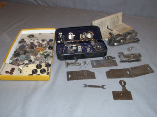 Vintage Sewing Machine Attachments, Instruction Book & Collection of Old Buttons