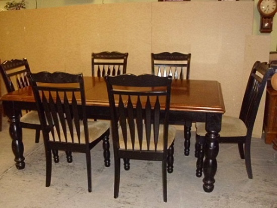 Solid Wood Table w/Leaf & 6 Chairs - Some damage - approx. 76 1/2"L x 41"W