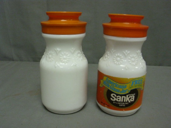 2 Rare Milk Glass "Sanka" Coffee Jars