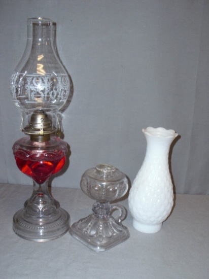 2 Antique Oil Lamps -1 Milk Glass Chimney