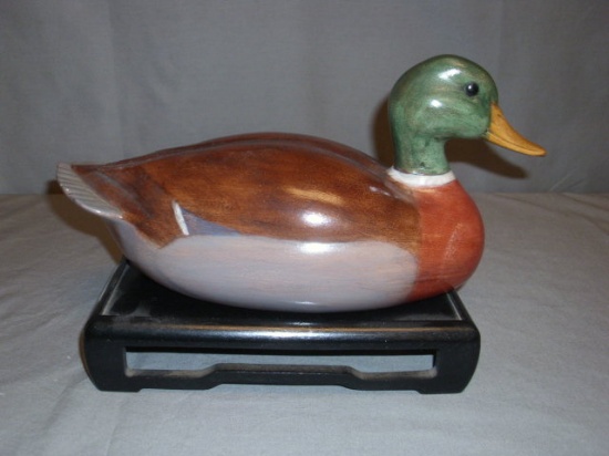Beautiful Ceramic Mallard Duck on Wooden Base