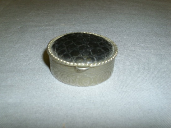 Vintage Metal Pill Box w/Leather Top