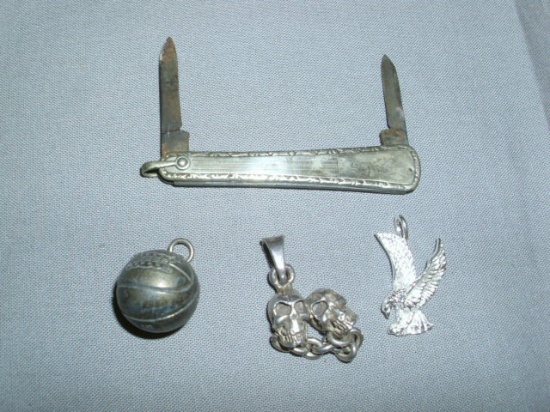 3 Sterling Charms - 1 Pocket Knife Shaped Like Old Baseball Bat