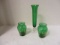 Two Green Vases with Gold Design Leaves and Etched Green Glass Bud Vase