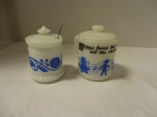 Anchor Hocking "Jesus Loves the Little Childrenâ€¦" Lidded Cup and Milk Glass Sugar Jar