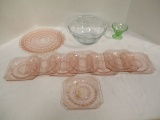 Depression Glass-Blue Serving Bowl, Green Sherbet, Pink Platter and Eight Pink Plates