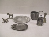 Tray of Pewter Figurines, Plate and Sugar Bowl