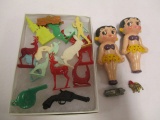 Lot of Plastic Cracker Jack Toys, Game Pieces, Betty Boop Dolls and Mack Truck Lapel Pin