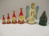 Four Vintage Wood Santa Bells, Light-Up Angels and Mini Ceramic Tree