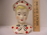 Vintage Head Vase Wall Pocket Girl with Red Polka Dot Dress/Hat