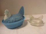 Small Clear Glass Hen on Nest and Blue & White Swirl Hen on Nest