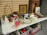 Table Lot of Goodies-Christmas Decorations, Wood Picture Frames, Tidd-Bit Dishes, etc.