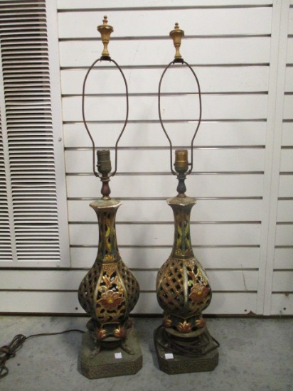 Pair of Antique Ceramic Lamps with Metal Bases