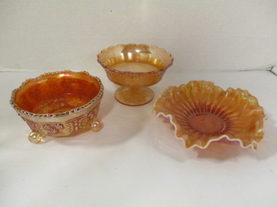 Carnival Glass Compote, Footed Dish and Ruffle Dish