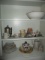 Contents of Three Shelves-White Plates, Enamel Coffee Pot, Cups/Saucers, etc.