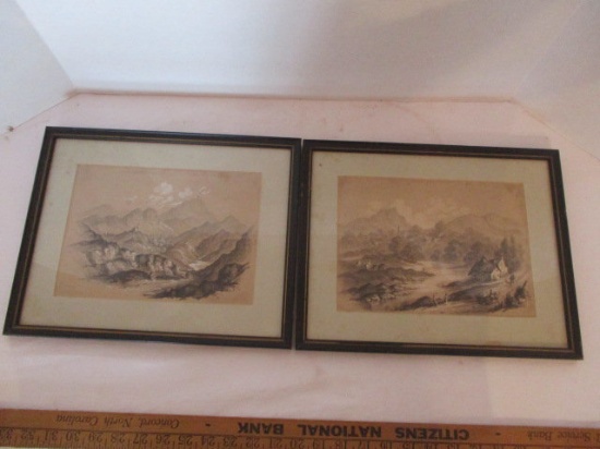 Pair of Vintage Black and White Water Colors of Village Scenes