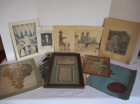 Framed Antique Postcards, Unframed Prints, Birds of America Prints, etc.