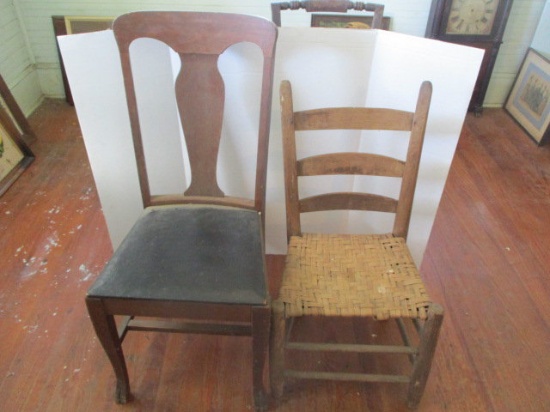 Vintage Ladder Back Chair with Woven Seat and Wood Chair with Leather Seat