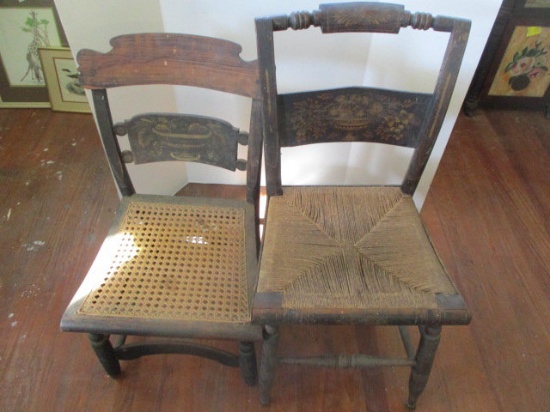 Two Vintage Wood Chairs with Stenciled Designs