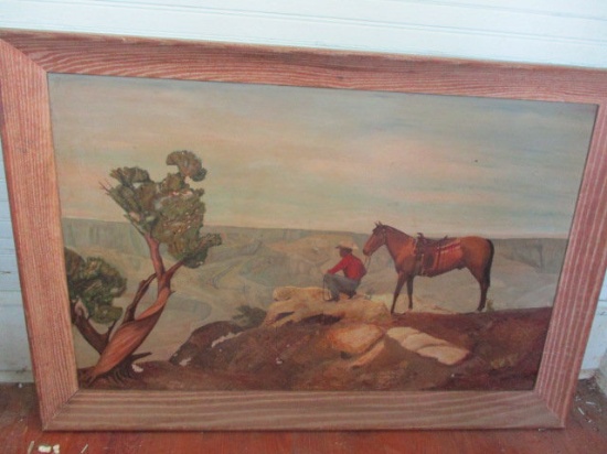 Signed, Framed Paint on Board of Cowboy Overlooking Canyon